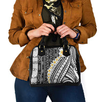 Black Vintage Tonga Ngatu Pattern With Plumeria Shoulder Handbag - Polynesian Pride