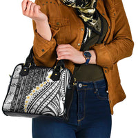 Black Vintage Tonga Ngatu Pattern With Plumeria Shoulder Handbag - Polynesian Pride