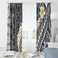 Black Vintage Tonga Ngatu Pattern With Plumeria Window Curtain - Polynesian Pride