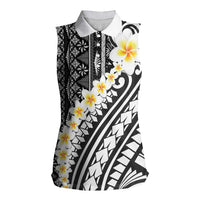Black Vintage Tonga Ngatu Pattern With Plumeria Women Sleeveless Polo Shirt - Polynesian Pride