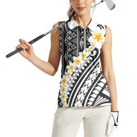 Black Vintage Tonga Ngatu Pattern With Plumeria Women Sleeveless Polo Shirt - Polynesian Pride