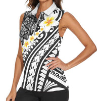 Black Vintage Tonga Ngatu Pattern With Plumeria Women Sleeveless Polo Shirt - Polynesian Pride