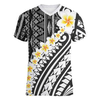 Black Vintage Tonga Ngatu Pattern With Plumeria Women V-Neck T-Shirt - Polynesian Pride