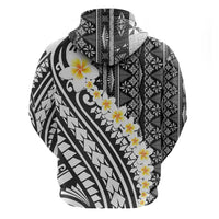 Black Vintage Tonga Ngatu Pattern With Plumeria Zip Hoodie - Polynesian Pride