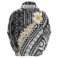 Black Vintage Tonga Ngatu Pattern With Plumeria Zip Hoodie - Polynesian Pride