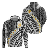 Black Vintage Tonga Ngatu Pattern With Plumeria Zip Hoodie - Polynesian Pride
