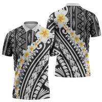 Black Vintage Tonga Ngatu Pattern With Plumeria Zipper Polo Shirt - Polynesian Pride