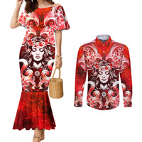 Hawaii Goddess Of Fire Madame Pele Couples Matching Mermaid Dress and Long Sleeve Button Shirt Polynesian Style LT05 Red - Polynesian Pride