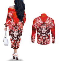 Hawaii Goddess Of Fire Madame Pele Couples Matching Off The Shoulder Long Sleeve Dress and Long Sleeve Button Shirt Polynesian Style LT05 - Polynesian Pride