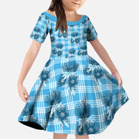 Blue Palaka Hawaii Family Matching Off The Shoulder Long Sleeve Dress and Hawaiian Shirt Hawaiian Lehua Blossoms LT05 Daughter's Dress Blue - Polynesian Pride
