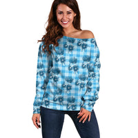 Blue Palaka Hawaii Off Shoulder Sweater Hawaiian Lehua Blossoms