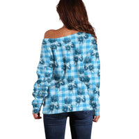 Blue Palaka Hawaii Off Shoulder Sweater Hawaiian Lehua Blossoms