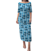 Blue Palaka Hawaii Puletasi Hawaiian Lehua Blossoms LT05 Long Dress Blue - Polynesian Pride
