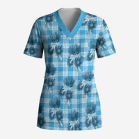 Blue Palaka Hawaii Scrub Top Hawaiian Lehua Blossoms