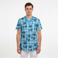 Blue Palaka Hawaii Scrub Top Hawaiian Lehua Blossoms