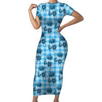 Blue Palaka Hawaii Short Sleeve Bodycon Dress Hawaiian Lehua Blossoms LT05 Long Dress Blue - Polynesian Pride