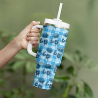 Blue Palaka Hawaii Tumbler With Handle Hawaiian Lehua Blossoms