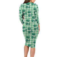 Green Palaka Hawaii Long Sleeve Bodycon Dress Hawaiian Lehua Blossoms LT05 - Polynesian Pride