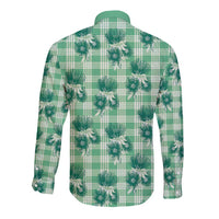 Green Palaka Hawaii Long Sleeve Button Shirt Hawaiian Lehua Blossoms