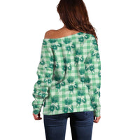 Green Palaka Hawaii Off Shoulder Sweater Hawaiian Lehua Blossoms