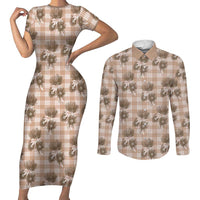 Brown Palaka Hawaii Couples Matching Short Sleeve Bodycon Dress and Long Sleeve Button Shirt Hawaiian Lehua Blossoms