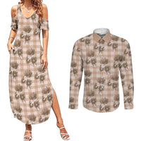 Brown Palaka Hawaii Couples Matching Summer Maxi Dress and Long Sleeve Button Shirt Hawaiian Lehua Blossoms