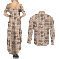 Brown Palaka Hawaii Couples Matching Summer Maxi Dress and Long Sleeve Button Shirt Hawaiian Lehua Blossoms