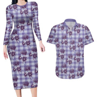 Purple Palaka Hawaii Couples Matching Long Sleeve Bodycon Dress and Hawaiian Shirt Hawaiian Lehua Blossoms