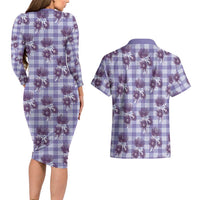 Purple Palaka Hawaii Couples Matching Long Sleeve Bodycon Dress and Hawaiian Shirt Hawaiian Lehua Blossoms