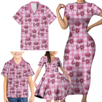 Pink Palaka Hawaii Family Matching Short Sleeve Bodycon Dress and Hawaiian Shirt Hawaiian Lehua Blossoms
