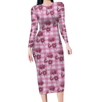 Pink Palaka Hawaii Long Sleeve Bodycon Dress Hawaiian Lehua Blossoms LT05 Long Dress Pink - Polynesian Pride