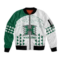 Custom Hawaii Football Sleeve Zip Bomber Jacket Rainbow Warriors Kakau Pattern LT05 Unisex White - Polynesian Pride