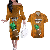 Custom Hawaii Honolulu Football Bowl Couples Matching Off The Shoulder Long Sleeve Dress and Hawaiian Shirt Simple Style LT05 Brown - Polynesian Pride
