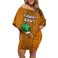 Custom Hawaii Honolulu Football Bowl Family Matching Off Shoulder Short Dress and Hawaiian Shirt Simple Style LT05 Mom's Dress Brown - Polynesian Pride