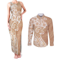 Polynesian Women's Day Couples Matching Tank Maxi Dress and Long Sleeve Button Shirt Brown Hibiscus Flowers With Polynesian Pattern LT05 Brown - Polynesian Pride
