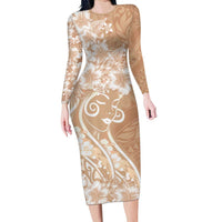 Polynesian Women's Day Family Matching Long Sleeve Bodycon Dress and Hawaiian Shirt Brown Hibiscus Flowers With Polynesian Pattern