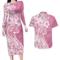 Polynesian Women's Day Couples Matching Long Sleeve Bodycon Dress and Hawaiian Shirt Pink Hibiscus Flowers With Polynesian Pattern