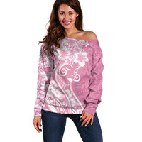 Polynesian Women's Day Off Shoulder Sweater Pink Hibiscus Flowers With Polynesian Pattern LT05 Women Pink - Polynesian Pride