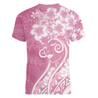 Polynesian Women's Day Women V-Neck T-Shirt Pink Hibiscus Flowers With Polynesian Pattern LT05 - Polynesian Pride