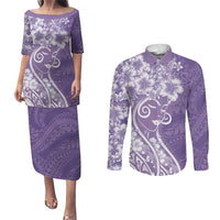 Polynesian Women's Day Couples Matching Puletasi and Long Sleeve Button Shirt Purple Hibiscus Flowers With Polynesian Pattern LT05 Purple - Polynesian Pride