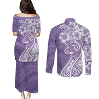 Polynesian Women's Day Couples Matching Puletasi and Long Sleeve Button Shirt Purple Hibiscus Flowers With Polynesian Pattern LT05 - Polynesian Pride
