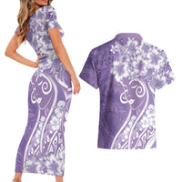 Polynesian Women's Day Couples Matching Short Sleeve Bodycon Dress and Hawaiian Shirt Purple Hibiscus Flowers With Polynesian Pattern