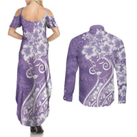 Polynesian Women's Day Couples Matching Summer Maxi Dress and Long Sleeve Button Shirt Purple Hibiscus Flowers With Polynesian Pattern LT05 - Polynesian Pride