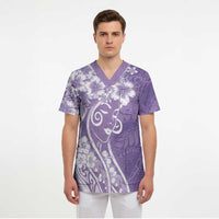 Polynesian Women's Day Scrub Top Purple Hibiscus Flowers With Polynesian Pattern LT05 - Polynesian Pride