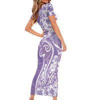 Polynesian Women's Day Short Sleeve Bodycon Dress Purple Hibiscus Flowers With Polynesian Pattern LT05 - Polynesian Pride