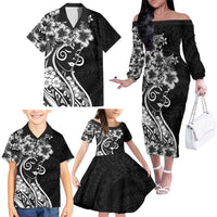 Polynesian Women's Day Family Matching Off The Shoulder Long Sleeve Dress and Hawaiian Shirt Black Hibiscus Flowers With Polynesian Pattern