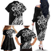 Polynesian Women's Day Family Matching Off The Shoulder Long Sleeve Dress and Hawaiian Shirt Black Hibiscus Flowers With Polynesian Pattern