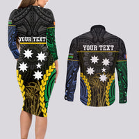Personalised South Sea Islanders And New Ireland Couples Matching Long Sleeve Bodycon Dress and Long Sleeve Button Shirt Kanakas Polynesian Pattern