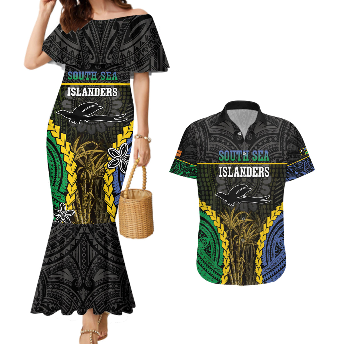 Personalised South Sea Islanders And New Ireland Couples Matching Mermaid Dress and Hawaiian Shirt Kanakas Polynesian Pattern