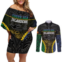 Personalised South Sea Islanders And New Ireland Couples Matching Off Shoulder Short Dress and Long Sleeve Button Shirt Kanakas Polynesian Pattern